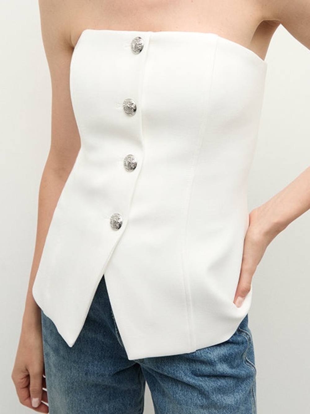 Veronica Beard Strapless Button-Front Top in White with Brown Trousers
